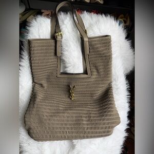 Designer-Inspired Taupe Quilted Tote Bag with Gold Logo